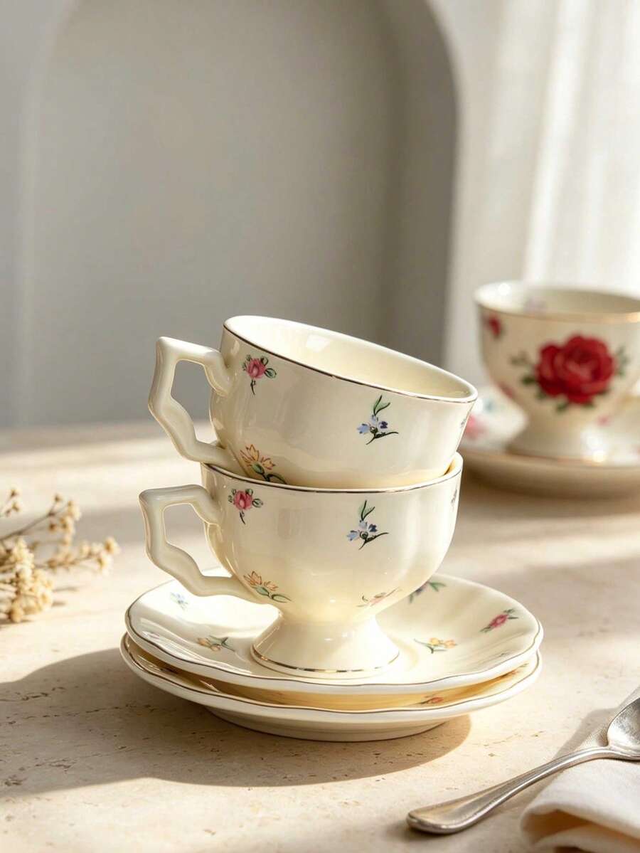 1pc 100ml Ceramic French Espresso Cup & Saucer, Afternoon Tea Coffee Cup, Exquisite Ceramic Coffee Cup & Saucer, Vintage Afternoon Tea Flower Tea Set - Floral - View 1