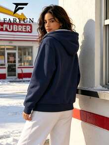 European And American Women's Navy Blue Hooded Drop Shoulder Loose Drop Shoulder Thickened Zipper Sweatshirt Casual Daily Commute Autumn Winter Christmas New Year Warm 2 In 1 Thermal Lined Jacket - Royal Blue - View 5