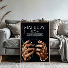1pc Matthew 6:34 Bible Verse Canvas Wall Art Holding Coffee Painting Modern Christian Scripture Poster Melanin Fashion Aesthetic Room Decor For Living Room Unframed/Framed/Wooden Hanging - Pattern - View 5