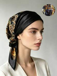 1pc Paisley Cashew Print Satin Bandana Headscarf, Elastic Slouchy Headwrap Scarf, Trimmed Women's Headscarf, Convenient Headwrap Hat Jewelry Accessories - Black - View 3