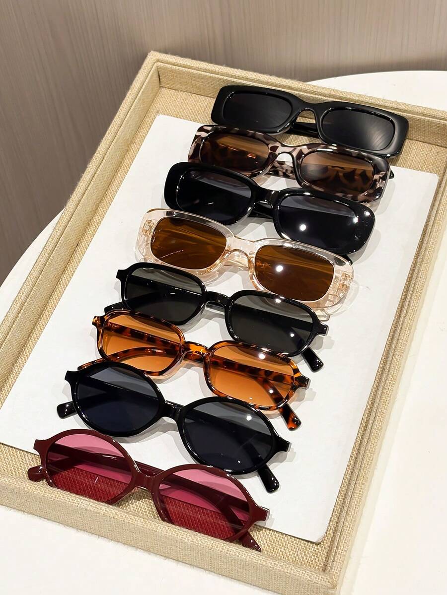 8 Pairs Casual Dopamine Plastic Leopard Print Rectangular Cat Eye Oval Women's Glasses Set, Design, Suitable For Street Photography, Party, Outdoor Leisure Activities, Dating Outfits And More, Perfect Glasses To Add A Touch Of Sophistication To Your Summer Look - 8pcs Black and Red Bean Champagne - View 1