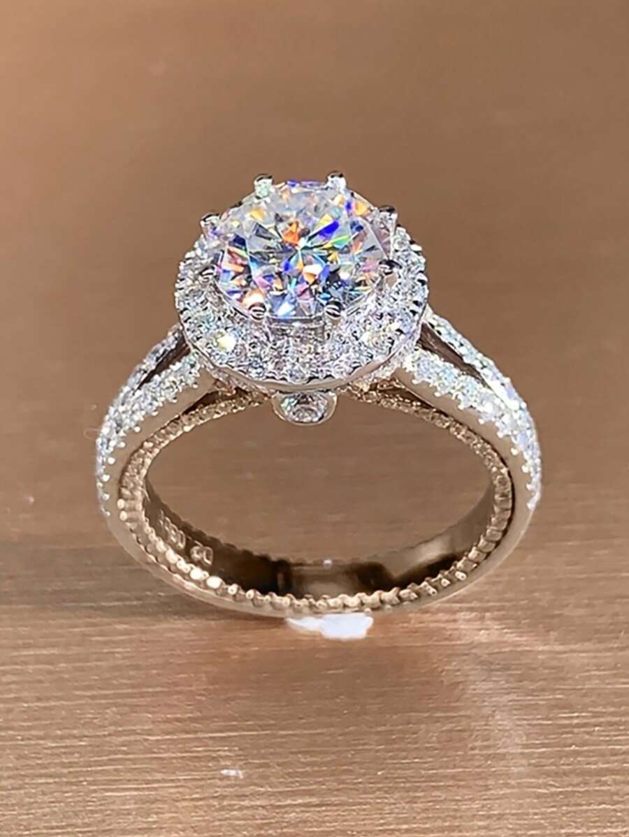 經典奢華六爪高鑲嵌戒指,適合高端宴會與婚禮 - 銀色 - 查看 1