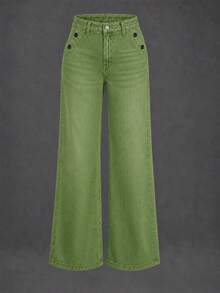 New Women's Multi-Button Wide Leg Casual Jeans - High Quality Denim, Fashionable And Comfortable Spring Fall - Bean Green - View 4