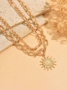 2pcs Vintage Exquisite Sun Pendant OT Clasp Chain Gold Layered Necklace Set, Versatile Neck Jewelry For Women, Suitable For Daily Wear, Dates And Parties - Gold - View 4
