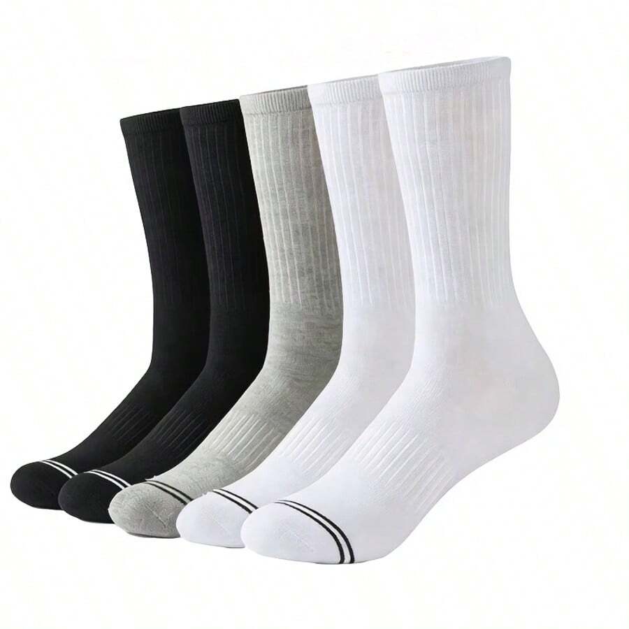 1/5/10 Pairs Men's Mid-Calf Sports Socks, Double Stripe Decoration, Unisex Fitness Gear, Durable Material, Casual Wear, Fitness Enthusiasts, Solid Color Versatile Fashion Long Socks, Comfortable Socks - Multicolor - View 1