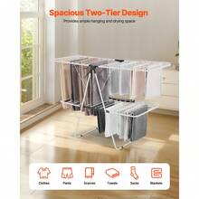 Tendedero Plegable 2 Niveles con Pinzas para Calcetines Tendedero de Ropa 1470 mm de Tendido 31 Barras de Secado Tubos de Hierro y Plástico PP Altura Ajustable para Exterior, Interior, Blanco - Tendedero de ropa de 2 niveles, 1470 mm - Ver 2