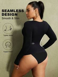 PAUKEE Plus Size Women's Shaping Long Sleeve Top, Tummy Control, Waist Shaping, Seamless Design Sports Bras, Lingerie For Women Plus Size, Lounge Sets For Women, Corset Tops For Women - Black - View 2
