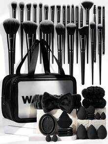 46pcs Professional Makeup Set: Waterproof Makeup Bag + 25 Makeup Brushes + 8 Sponges And Powder Puffs + Accessories | Portable Makeup Essential Set, Includes Cleaning Tools. Options: 20/21/25/26/46pcs, Makeup Brush Set, Makeup Brush Set, Makeup Brush Set, Complete Makeup Set, Makeup Brush Set, Complete Makeup Set, Makeup Brush Set, Makeup Brush Set, Makeup Gift Set - Multicolor - View 1