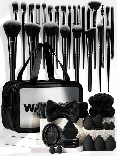 46pcs Professional Makeup Set: Waterproof Makeup Bag + 25 Makeup Brushes + 8 Sponges And Powder Puffs + Accessories | Portable Makeup Essential Set, Includes Cleaning Tools. Options: 20/21/25/26/46pcs, Makeup Brush Set, Makeup Brush Set, Makeup Brush Set, Complete Makeup Set, Makeup Brush Set, Complete Makeup Set, Makeup Brush Set, Makeup Brush Set, Makeup Gift Set