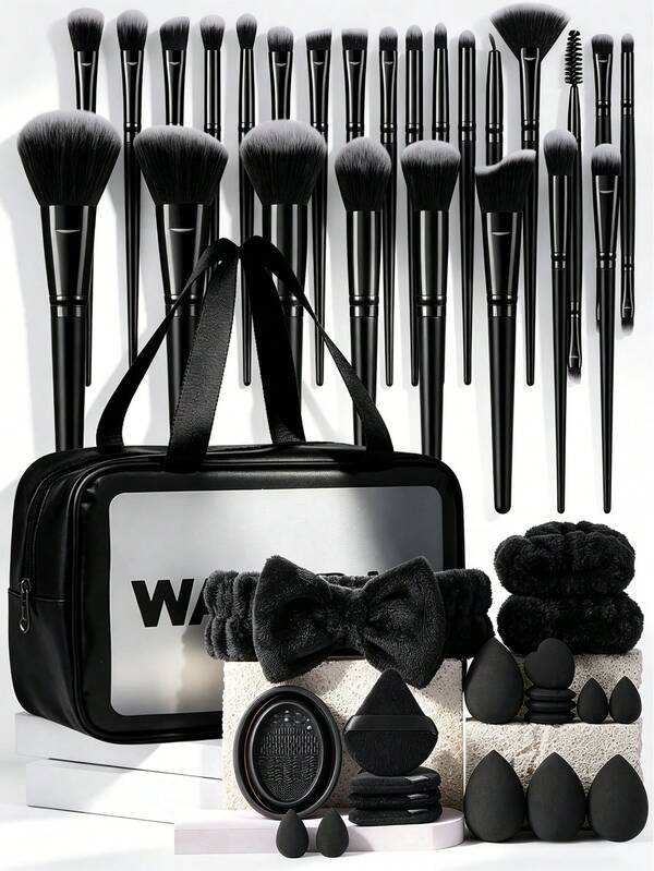 46pcs Professional Makeup Set: Waterproof Makeup Bag + 25 Makeup Brushes + 8 Sponges And Powder Puffs + Accessories | Portable Makeup Essential Set, Includes Cleaning Tools. Options: 20/21/25/26/46pcs, Makeup Brush Set, Makeup Brush Set, Makeup Brush Set, Complete Makeup Set, Makeup Brush Set, Complete Makeup Set, Makeup Brush Set, Makeup Brush Set, Makeup Gift Set