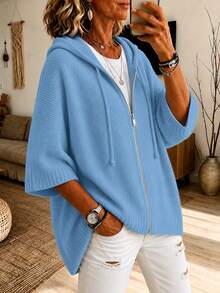 Solid Color Knitted Zip-Up Hoodie With Drawstring, Loose Fit, Casual Versatile Commuter Style, Suitable For Evening Dates, Weddings, Campus, Autumn/Winter - Sky Blue - View 3