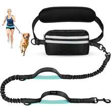 Pochete para corrida com cães, mãos livres, com cinto, alças duplas, guia elástica retrátil, adequada para cães de porte médio a grande, costura refletora, ideal para caminhadas, trilhas e ciclismo. - Preto + Azul Celeste (Corda de Reboque Simples) - Visão 1