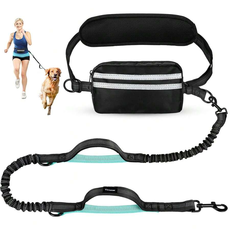 Pochete para corrida com cães, mãos livres, com cinto, alças duplas, guia elástica retrátil, adequada para cães de porte médio a grande, costura refletora, ideal para caminhadas, trilhas e ciclismo. - Preto + Azul Celeste (Corda de Reboque Simples) - Visão 1