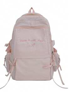 Pleated Backpack With Embroidered Slogan, Large Capacity School Bag, Japanese Style Girl Commuter Backpack - Multicolor - View 14