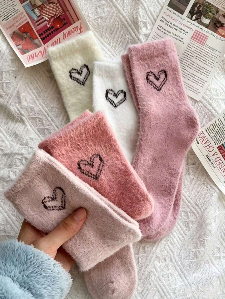Women's Mid-Calf Floor Socks With Heart Pattern Plush, Soft Thick Daily Long Socks - Multicolor - View 1