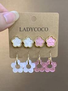 LADYCOCO 4對時尚可愛粉色/白色五葉草耳環附五花吊墜耳環套組，適合女性日常配戴 - 彩色 - 查看 3