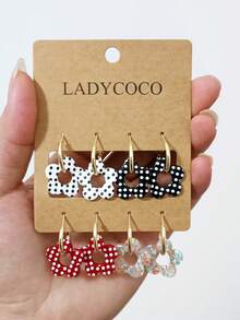 LADYCOCO 4 Pairs Fashionable Cute Polka Dot Floral Pendant Earrings Set, Suitable For Women's Daily Wear - Multicolor - View 7