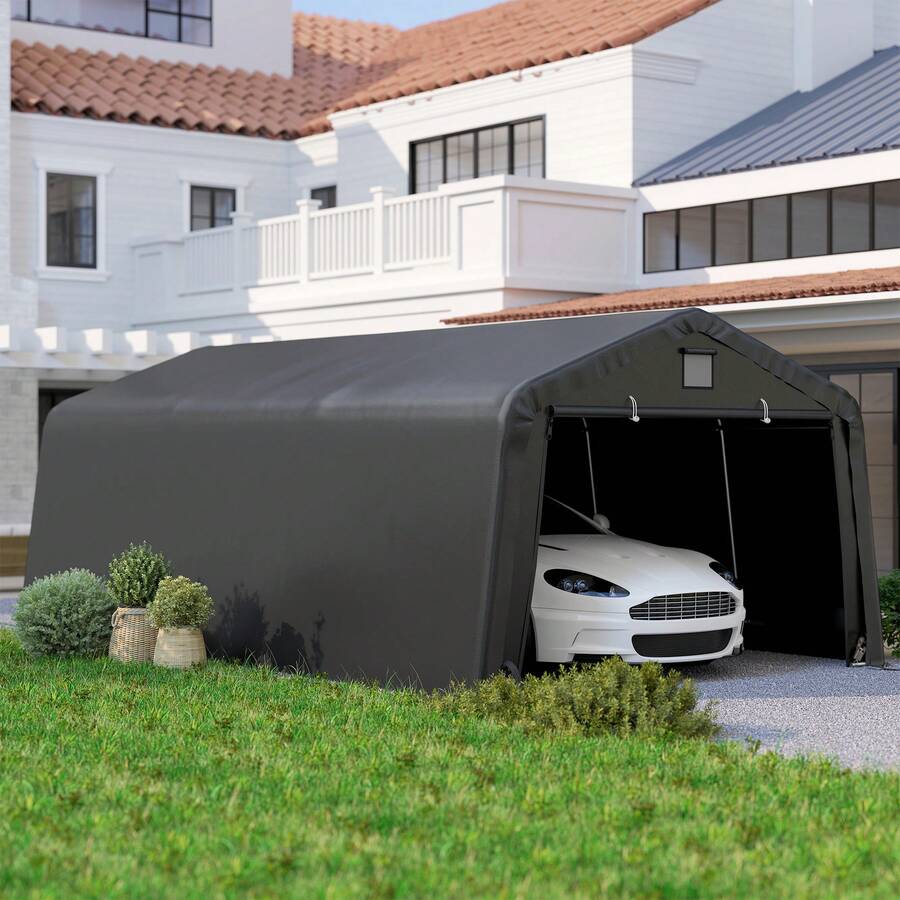 Outsunny 12 X 20 Ft Heavy Duty Carport, Outdoor Portable Garage Canopy Tent With 2 Ventilation Windows, Large Door, Car Shed Shelter For Truck, Boat, Motorcycle, Bike, Black - A - 查看 1