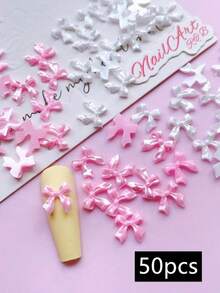 50pcs Pearlescent Shiny Bowknot 3D Resin Nail Charms, Mixed Pink & White Luster Bow Nail Art Decorations, Cute Kawaii Pearl Gloss Ribbon Bow Ornaments For DIY Manicure Acrylic Nails Salon Nail Design Accessories - Multicolor - View 6