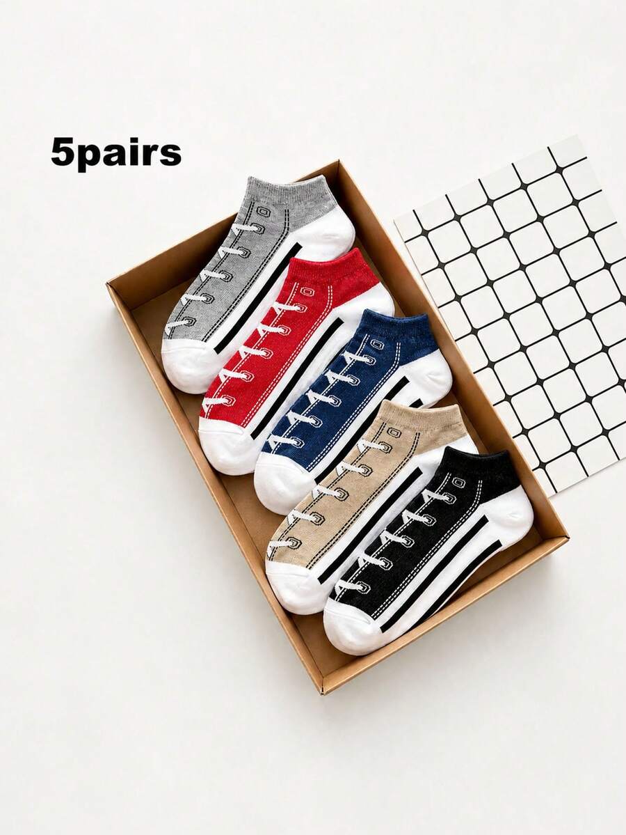 5 Pairs Vintage Fake Shoelace Print Invisible Socks, Soft Sweat-Absorbent Low-Cut Socks, Unisex, Suitable For Canvas Shoes Daily Wear - Multicolor - View 1