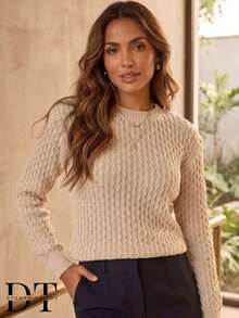 Women's Honeycomb Knit Sweater, Long Sleeve, Round Neck, Ribbed Cuffs, Winter Knit - 白色 - 查看 5