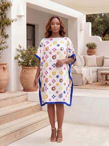 1PC Faux Silk Minimalist Design Pentagram Pattern Printed Pullover Shawl, Lightweight Fashionable Versatile Sun Protection Beach Satin Loose Fit Shawl For Women, Suitable For Daily Decorative Matching - White - View 2
