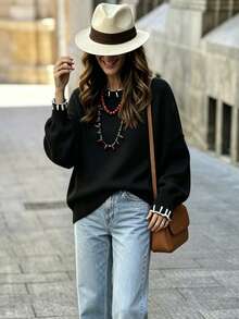 Thick Knit Pullover Sweater With Rough Edge Decor, Loose Fit, Long Sleeve Top For Autumn/Winter - Black - View 3