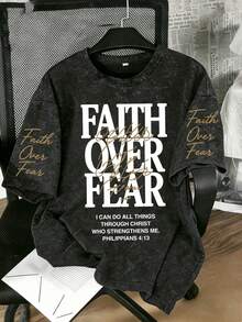 「Faith Over Fear」基督信仰勵志標語印花大尺碼T恤，復古水洗黑休閒夏季款 - 黑色 - 查看 1