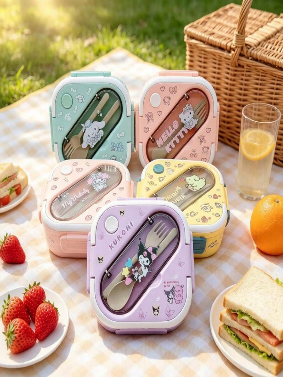 1pc Sanrio Hello Kitty And Friends Pink Lunch Box Set, Leak-Proof Rectangular Durable Plastic Divided Bento Box, Hand Wash, Suitable For Work, School And Travel, Work Lunch Storage Box, Cartoon Theme, Easy To Clean Material