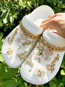 New 16pcs DIY Gold Ballet Angel Girl Chain, Heart, Flower, Butterfly, Faux Pearl Camellia Detachable Shoe Flower Decoration Buckle, Suitable For Garden Shoes, Beach Shoes, Sandals, Slippers, Holiday Gifts - Gold - View 2