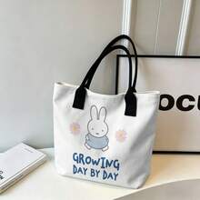Miniso Miffy Pink Daisy Print Canvas Tote Bag Pink Handle Growing Day By Day Letter Large Capacity Shoulder Handbag For School Shopping Travel Daily Use - Black - View 1