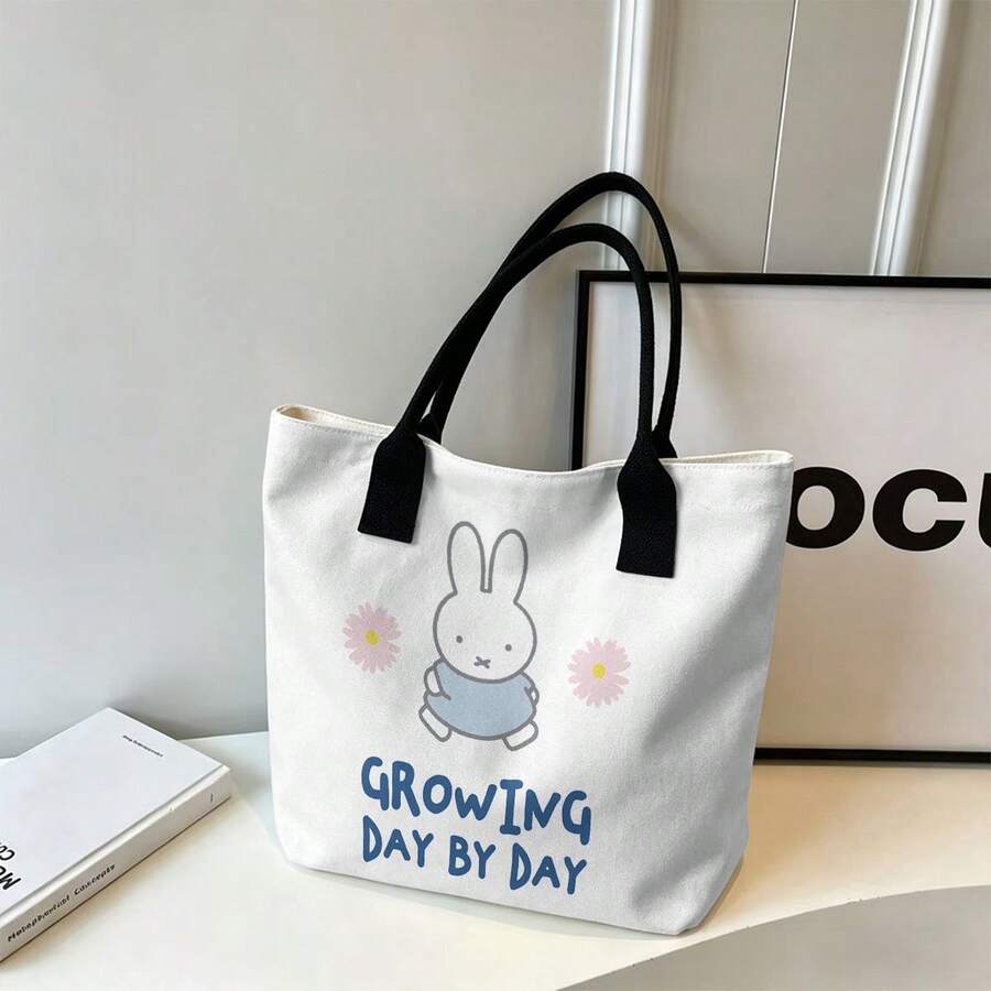 Miniso Miffy Pink Daisy Print Canvas Tote Bag Pink Handle Growing Day By Day Letter Large Capacity Shoulder Handbag For School Shopping Travel Daily Use - Black - View 1