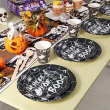 20/24/40pcs Minimalist Black & White Spider Web Ghost Skull 7/9 Inch Round Paper Plate & Cup Set, Halloween Disposable Tableware, Gothic Style Dessert Table, Haunted House Dinner, Picnic, Camping BBQ And Buffet Decoration - Multicolor - View 8