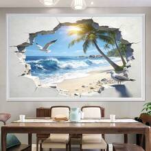 1pc Tropical Beach Wall Sticker, Ocean, Seagull, Coconut Tree, 3D Self-Adhesive Vinyl Sticker, Easy To Apply And Remove, Suitable For Bedroom, Living Room, Bathroom, Dorm, Peaceful Room Decor, Beach Theme Decoration, Create A Fresh Home Atmosphere - Multicolor03 - View 2