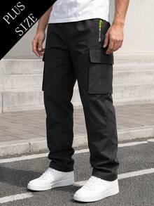 Plus Size Men's Cargo Pants, Spring/Autumn Solid Color Straight Leg Sweatpants, Multi-Pocket Outdoor Casual Pants Sports Black - Black - View 1