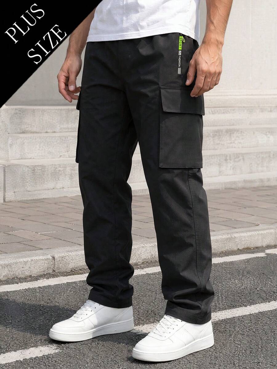 Plus Size Men's Cargo Pants, Spring/Autumn Solid Color Straight Leg Sweatpants, Multi-Pocket Outdoor Casual Pants Sports Black - Black - View 1