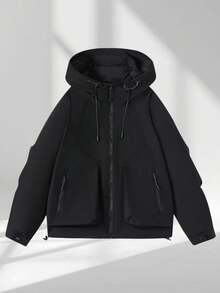 1 buah Jaket Outdoor Pria Musim Semi/Gugur Berkerudung, Tudung dengan Tali Serut yang Dapat Diatur, Kantong Samping dengan Resleting, Cocok untuk Mendaki dan Mendaki Gunung - Hitam - View 4