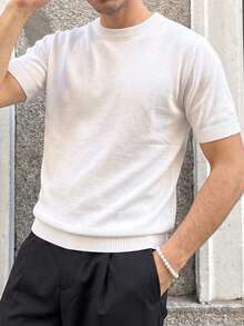 男士中性圓領針織短袖修身休閒百搭通勤春夏季返校上課穿搭 - 白色 - 查看 1