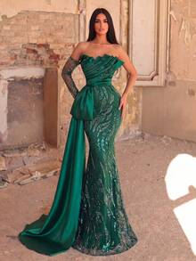 Faeriesty Vestido de Noche de Lujo sin Tirantes, Lazo de Organza, Falda de Cola de Sirena para Fiesta y Boda - Verde Oscuro - Ver 2