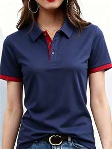 女款淺灰色夏季新款短袖 Polo T恤，修身顯瘦領口，百搭休閒日常辦公通勤高爾夫網球運動健身校園度假簡約學院風百搭上衣 - 寶藍色 - 查看 2