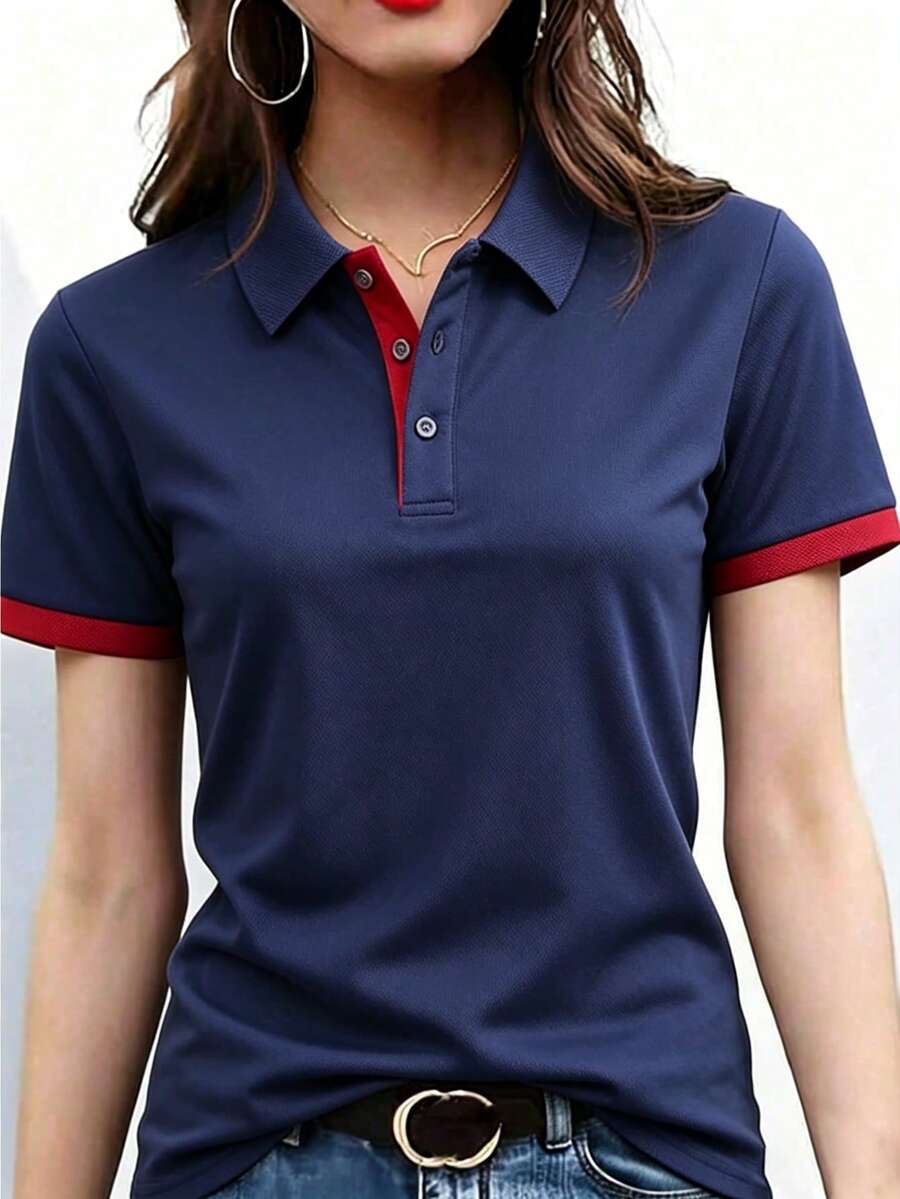 女款淺灰色夏季新款短袖 Polo T恤，修身顯瘦領口，百搭休閒日常辦公通勤高爾夫網球運動健身校園度假簡約學院風百搭上衣