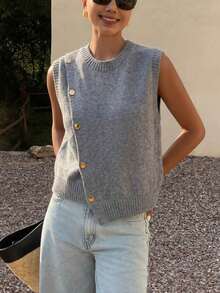 1 pieza Chaleco de punto sin mangas de unicolor, cuello redondo, diseño de botones asimétricos, moda de capas, corto, para verano - Gris - Ver 10