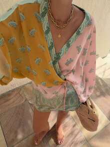 Bohemian All Over Print Sheer Satin Robe Mini Dress, Casual Flowy Design For Summer Travel & Beach Vacation - Flower - View 11
