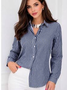 Polyester Dress Shirt With Buttons Down The Front, Striped Dress Shirt, Everyday Summer Style. - 藏蓝色 - 查看 2