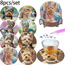 Yorkshire Terrier Pet Theme Diamond Painting Coasters Set Of 8 With Iron Holder, DIY Round Sparkly Rhinestone Cup Mat Kit, Relaxing Art Craft For Kitchen Decor & Holiday Gifts - Sets - View 9