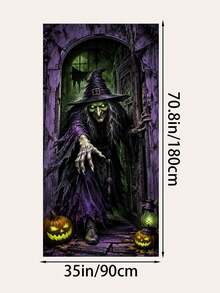 Halloween Witch Door Curtain Backdrop, Purple & Green Scary Witch Pumpkin Print Polyester Vertical Door Banner, High-Definition Printing Lightweight Easy To Hang, Suitable For Entrance Door, Hallway, Haunted House And Halloween Party Decoration - Witch - View 7