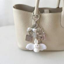 Cute Angel Rabbit Keychain With Bow And Wings, Flocked Material Handmade Bag Charm, Kawaii Handbag Pendant, Phone Charm Accessory - Multicolor - View 3