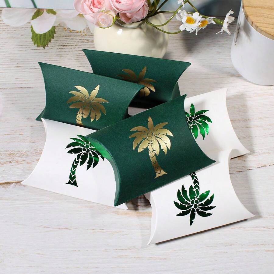 20pcs Elegant Saudi Arabia Palm Tree Pillow Gift Boxes, Green White Party Favor Boxes With Gold Foil Pattern, Eid Ramadan & National Day Wedding Treat Packaging With Ribbon Bow