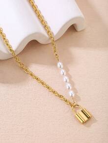 1pc Ins Style Women's Stainless Steel Necklace With Oval Pearl And Small Gold Lock Pendant, Versatile Accessory For Dating And Valentine's Day Gift - Yellow Gold - View 2