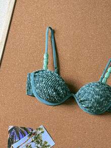 Bikinx Set Bikini Wanita Bertekstur dengan Tali Bahu Tipis Berhiaskan Manik-Manik dan Desain Ikat Belakang, Cocok untuk Liburan Pantai Musim Panas - Dark Green - View 4